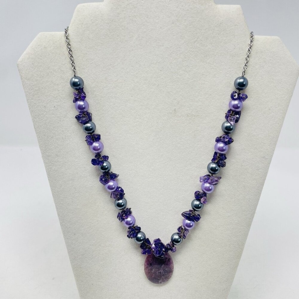 Shop LC Charoite/Amethyst/Glass Pearl Necklace with Stainless Steel Chain 5180